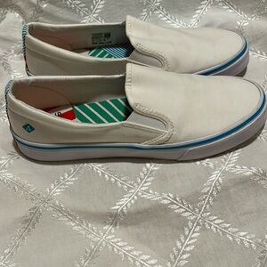 Sperry slip on boat shoes.  Size 9.5.  Great used condition!   White and teal.
